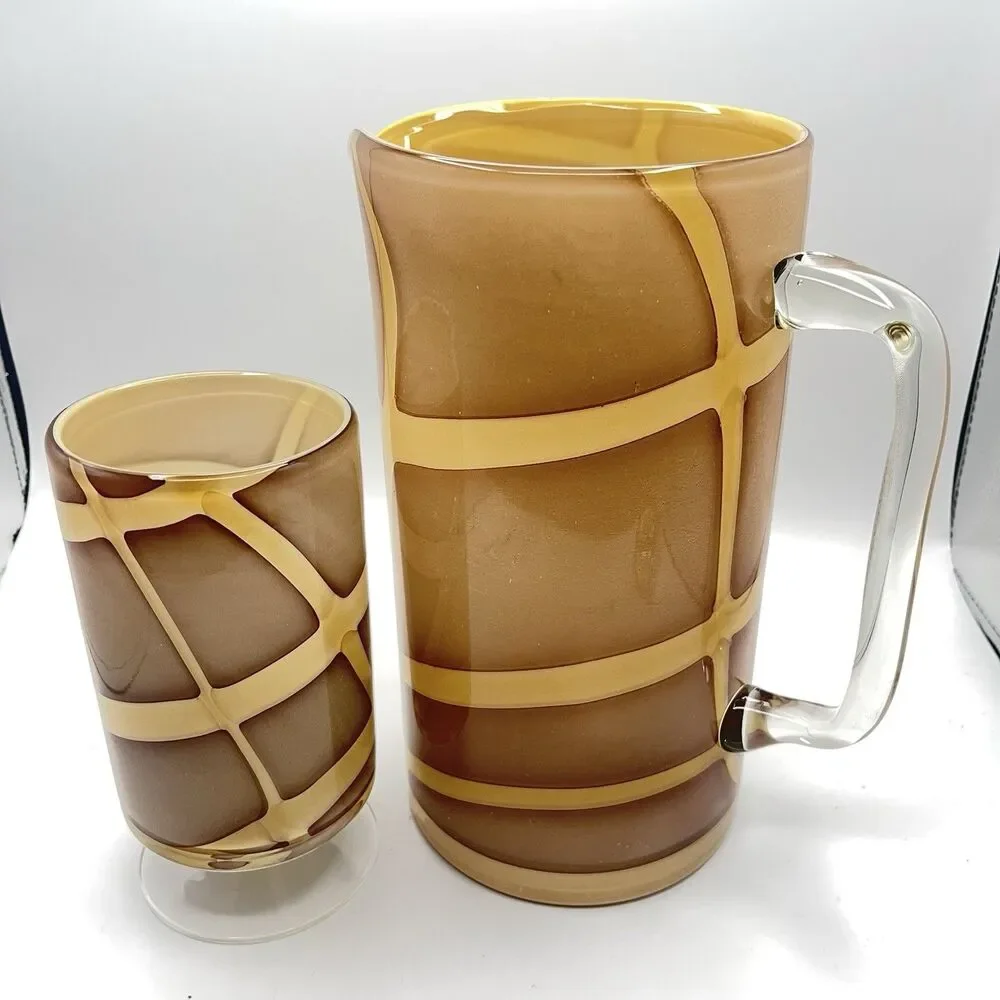 Vintage Hand Blown Glass Pitcher w Handle Nude w Cream Swirls Plus One Glass